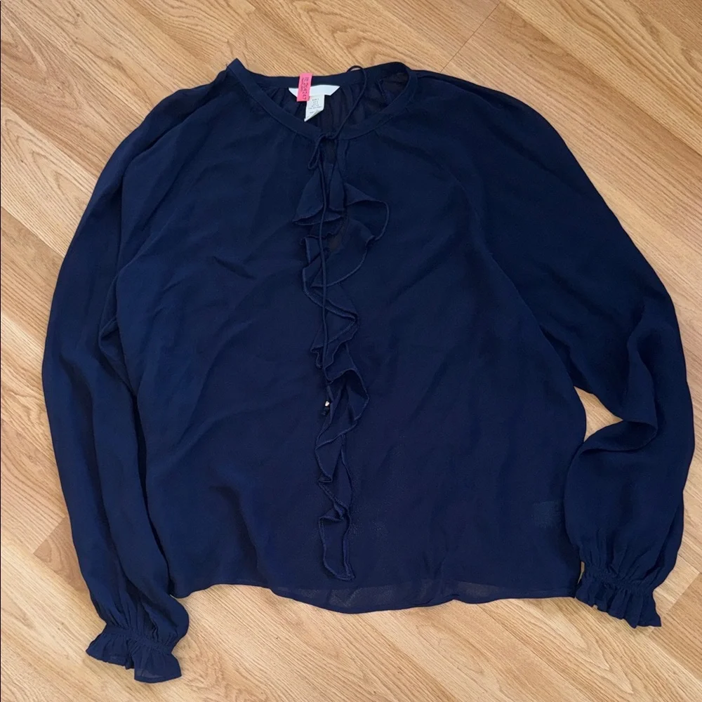H & M Navy Blue Ruffle Long Sleeve Blouse Top Small Sheer Loose Fit - Picture 1 of 6